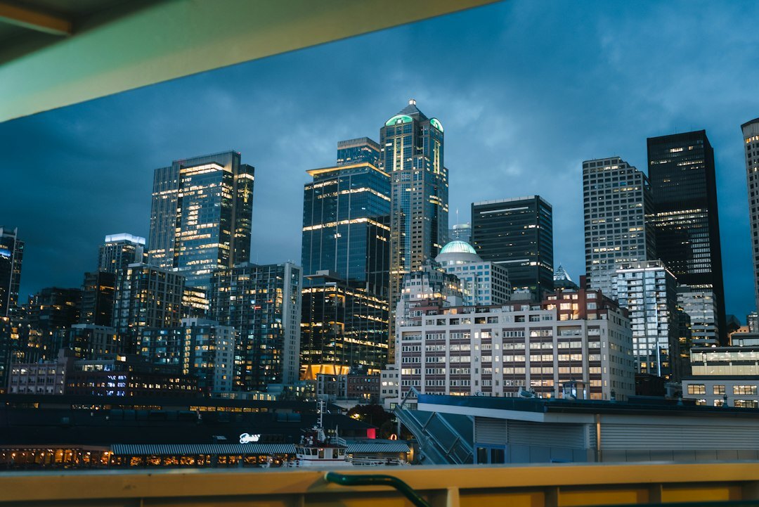 Innovation newsroom office overlooking a city skyline
